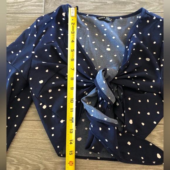 Shein|Satin Navy polka dot two piece SET, shorts & crop top•••Self tie crop top - Picture 11 of 15